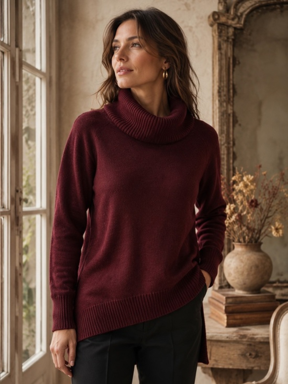 Tahari Merino Wool Blend Deep Burgundy Turtleneck Sweater Size M